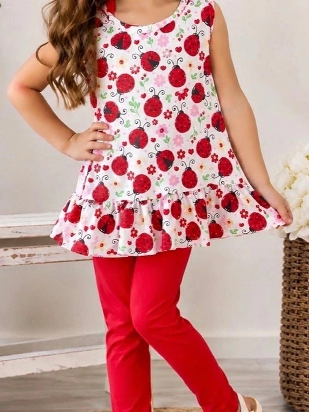 Girls Floral Tunic Leggings Set in Red & White NWT